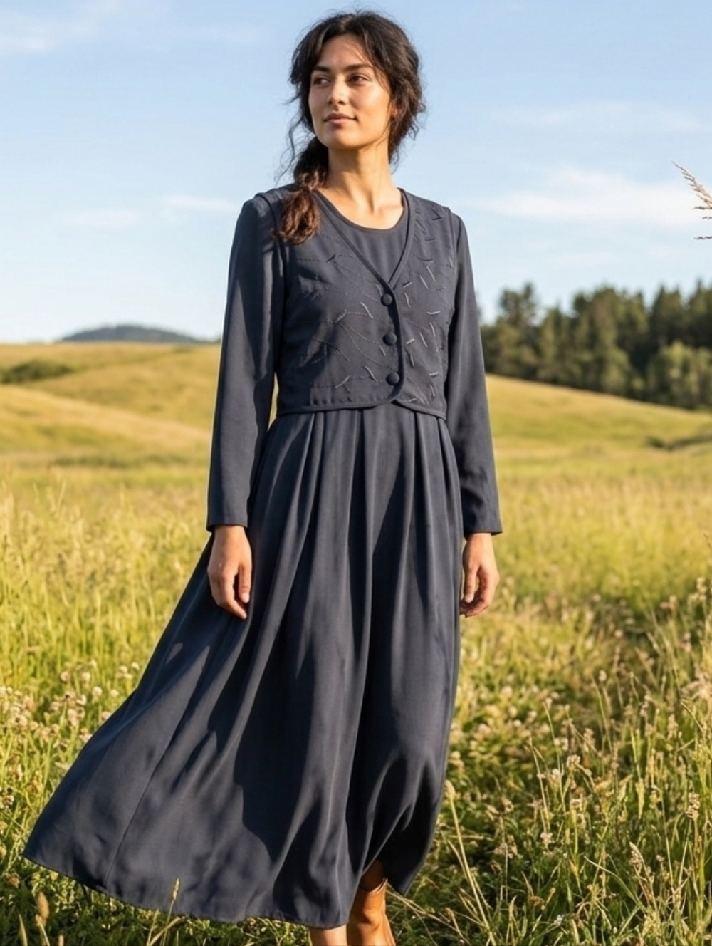 Vintage Northern Traditions Made In Canada Dark Navy Blue Prairie Maxi Dress 7/8